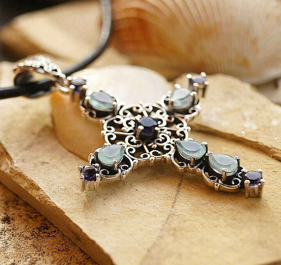 Massiv Groß Vintage Kreuz Kettenanhänger 925er Silber Aquamarin Saphir Anhänger – Bild 3