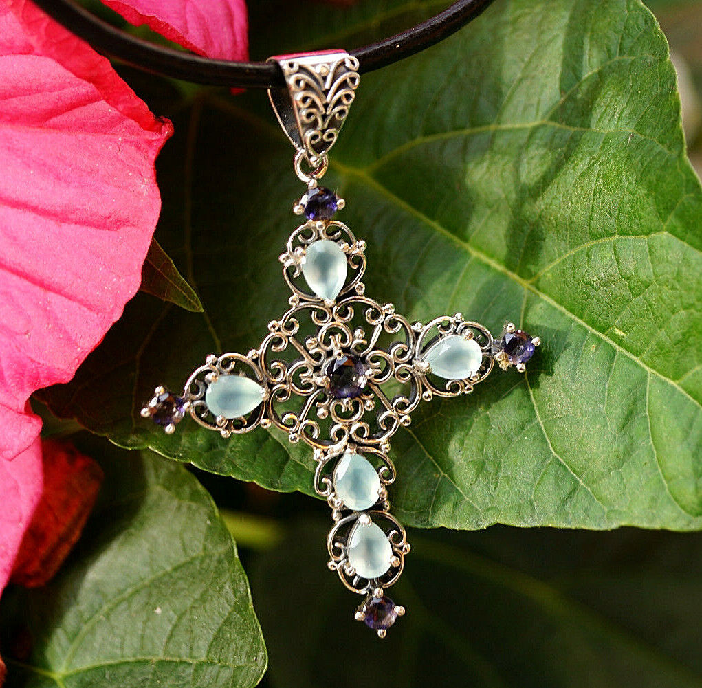 Massiv Groß Vintage Kreuz Kettenanhänger 925er Silber Aquamarin Saphir Anhänger – Bild 6