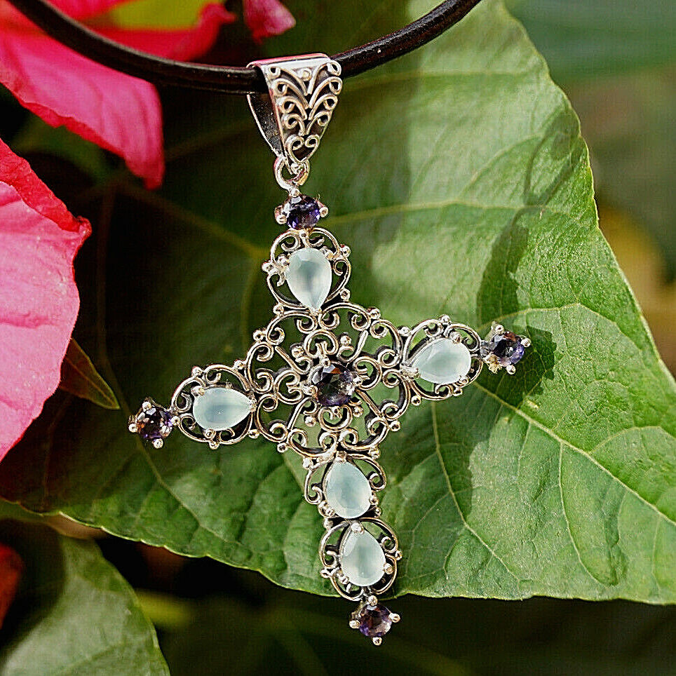 Massiv Groß Vintage Kreuz Kettenanhänger 925er Silber Aquamarin Saphir Anhänger – Bild 9