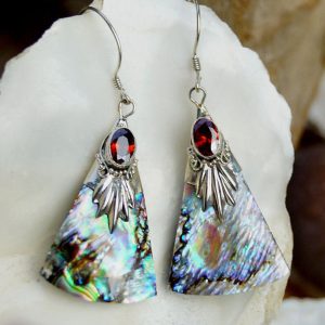 Vintage Design 925er Silber 1 Paar Ohrringe Abalone Paua Muschel Bunt Granat Rot