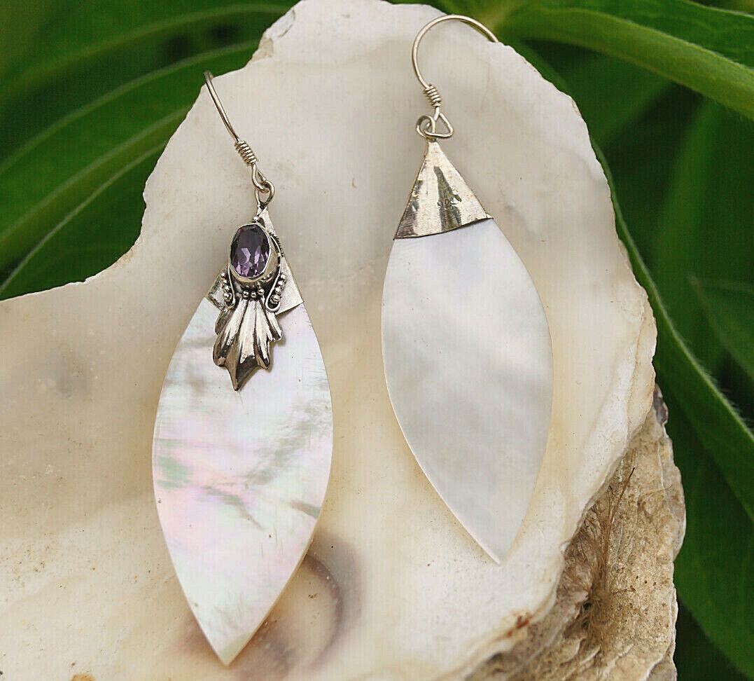 Vintage Ohrringe Perlmutt Gold Natur Blatt 925er Silber Amethyst Lila Verspielt – Bild 11