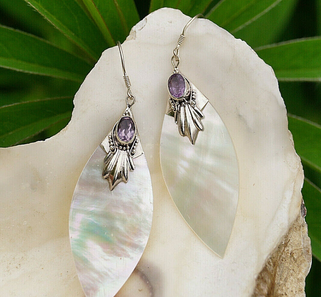 Vintage Ohrringe Perlmutt Gold Natur Blatt 925er Silber Amethyst Lila Verspielt – Bild 3