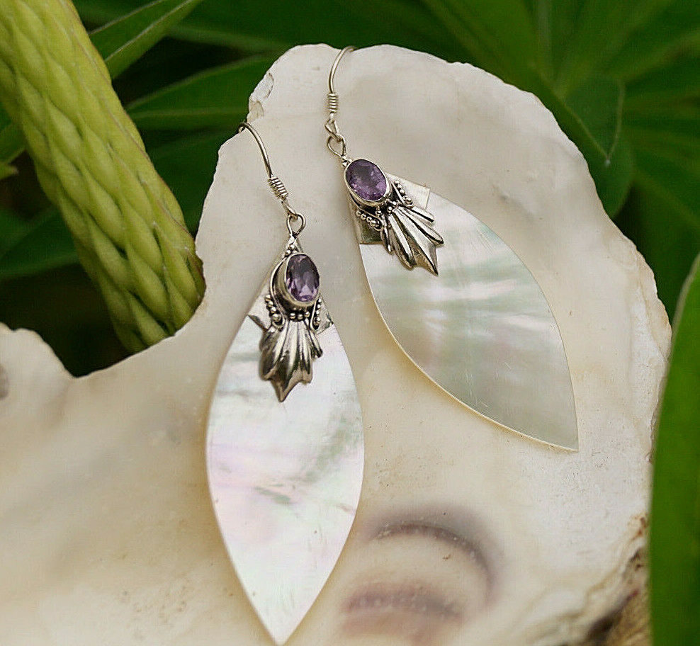 Vintage Ohrringe Perlmutt Gold Natur Blatt 925er Silber Amethyst Lila Verspielt – Bild 4