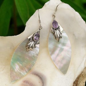 Vintage Ohrringe Perlmutt Gold Natur Blatt 925er Silber Amethyst Lila Verspielt