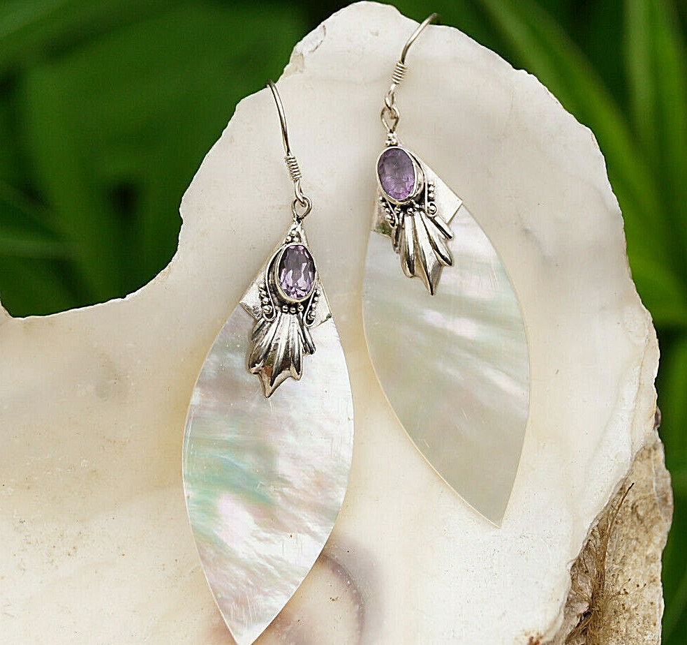 Vintage Ohrringe Perlmutt Gold Natur Blatt 925er Silber Amethyst Lila Verspielt – Bild 5
