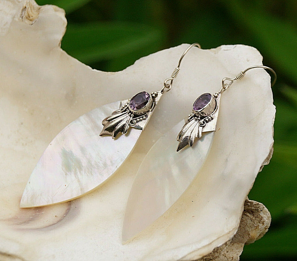 Vintage Ohrringe Perlmutt Gold Natur Blatt 925er Silber Amethyst Lila Verspielt – Bild 7