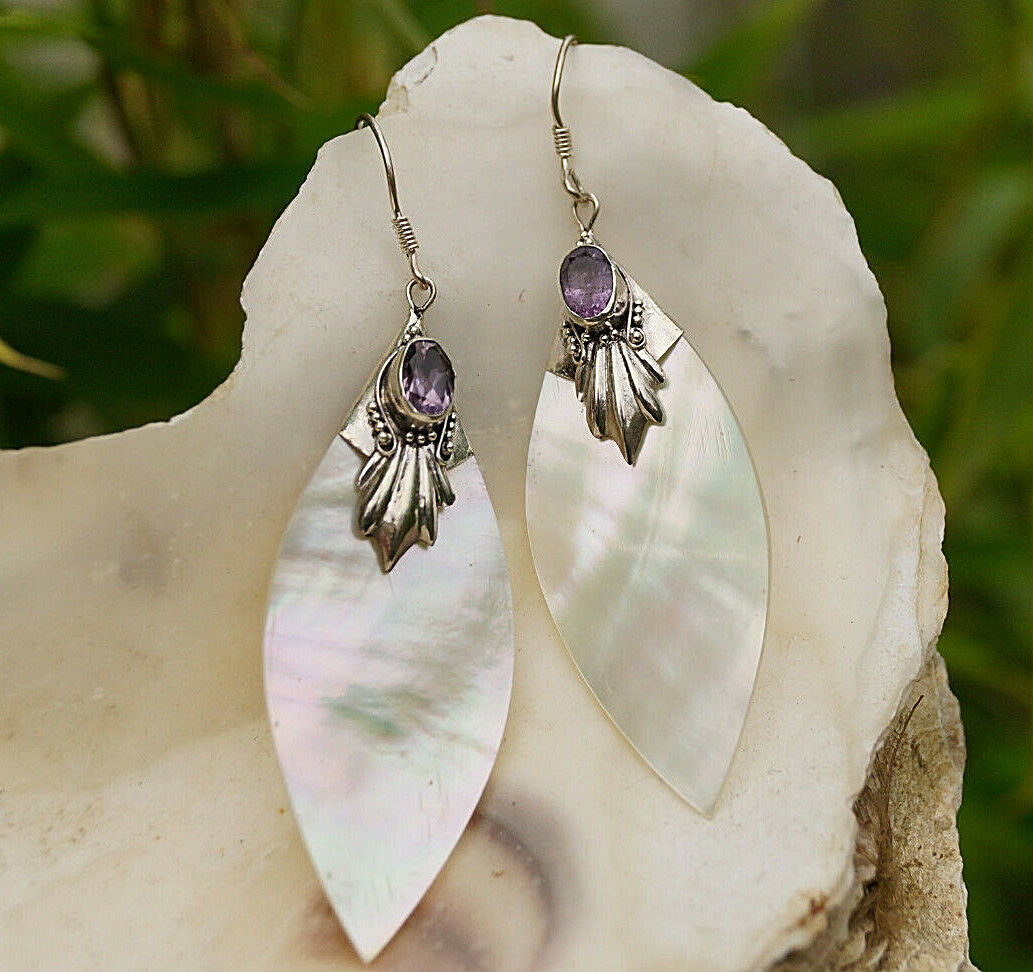 Vintage Ohrringe Perlmutt Gold Natur Blatt 925er Silber Amethyst Lila Verspielt – Bild 8