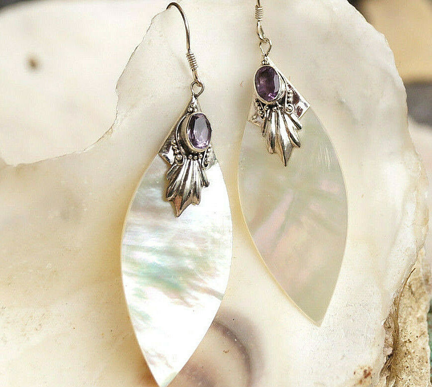 Vintage Ohrringe Perlmutt Gold Natur Blatt 925er Silber Amethyst Lila Verspielt – Bild 9