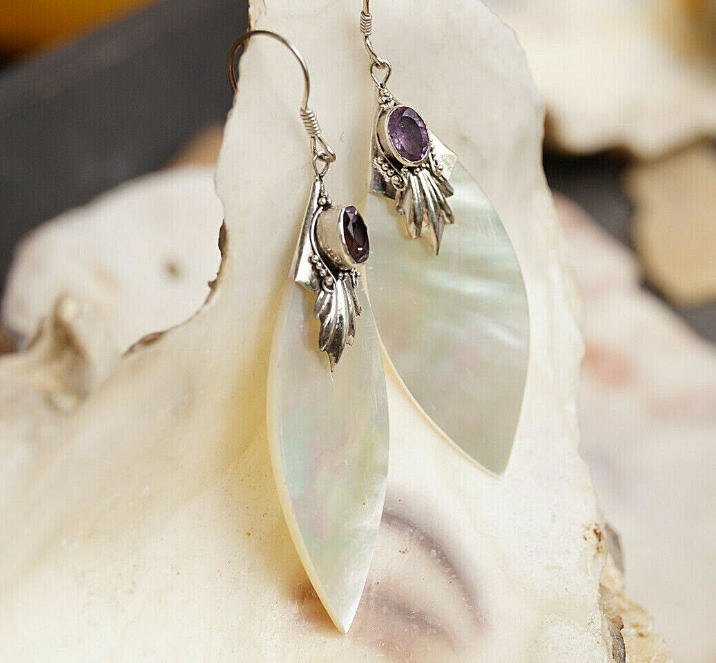 Vintage Ohrringe Perlmutt Gold Natur Blatt 925er Silber Amethyst Lila Verspielt – Bild 10