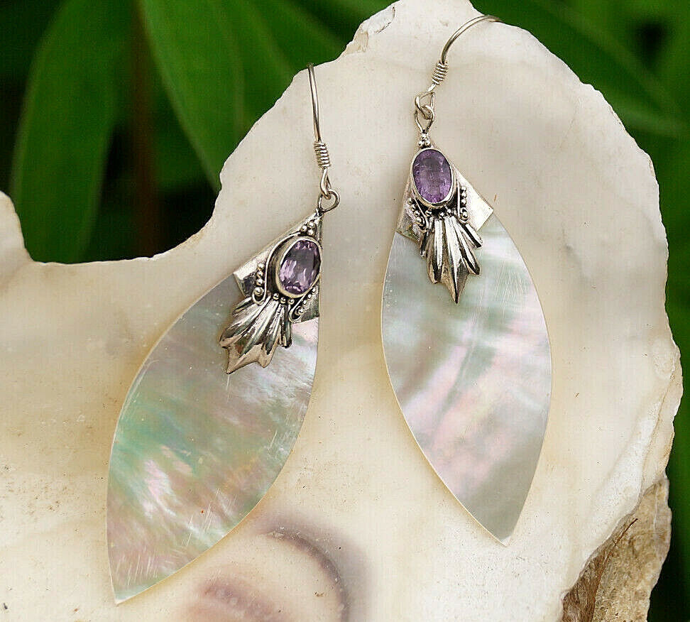 Vintage Ohrringe Perlmutt Gold Natur Blatt 925er Silber Amethyst Lila Verspielt