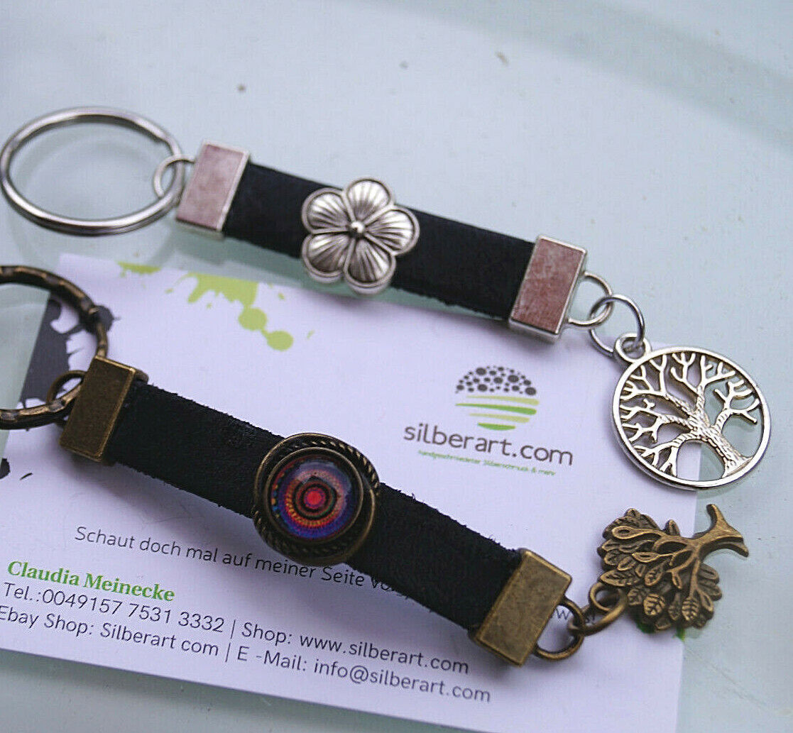 Design Schlüsselanhänger Leder Schwarz Bronze / Silber Metall Lebensbaum Floral – Bild 4