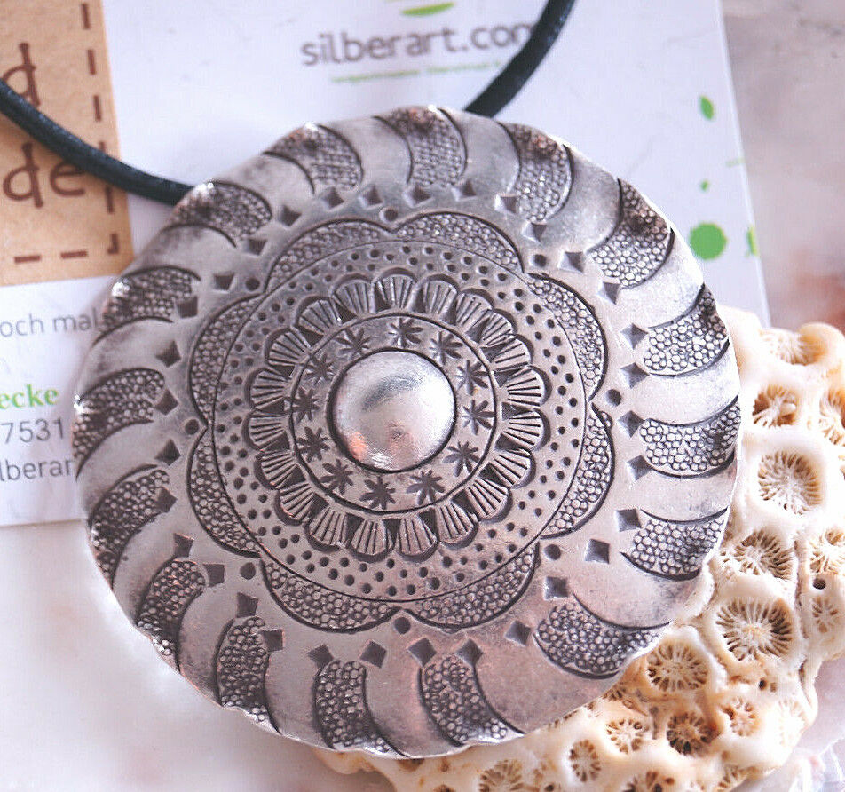 Groß Sterlingsilber Kettenanhänger Vintage Rund Ø 5,5 cm Amulett Anhänger Floral