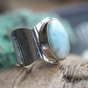 Handarbeit Ring Silber Larimar Weiß Türkis 53 56 57 58 Silberring Modern Linien