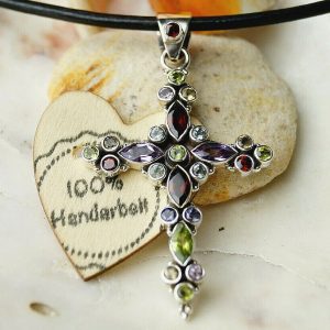 Massiv 7 cm Groß Vintage Kreuz Kettenanhänger 925er Silber Bunt Multistone Stein