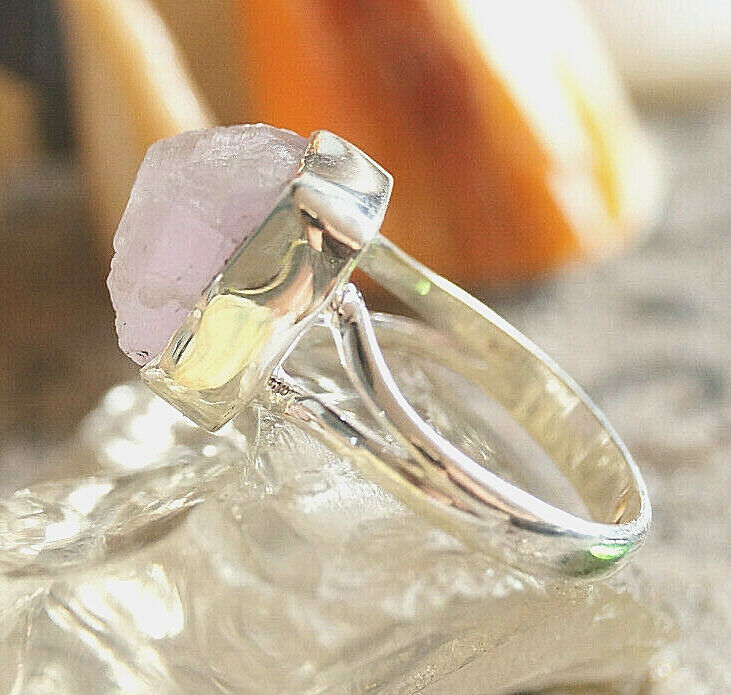 Silberring 57 Kunzit Rosa Ring Silber Rohstein Freiform Schlicht Modern Eckig – Bild 3
