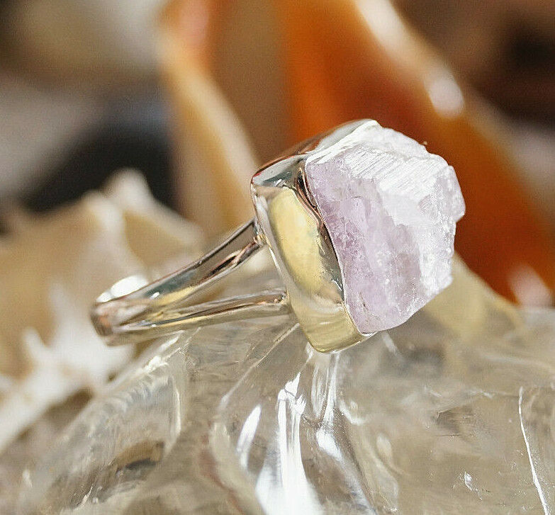 Silberring 57 Kunzit Rosa Ring Silber Rohstein Freiform Schlicht Modern Eckig – Bild 4
