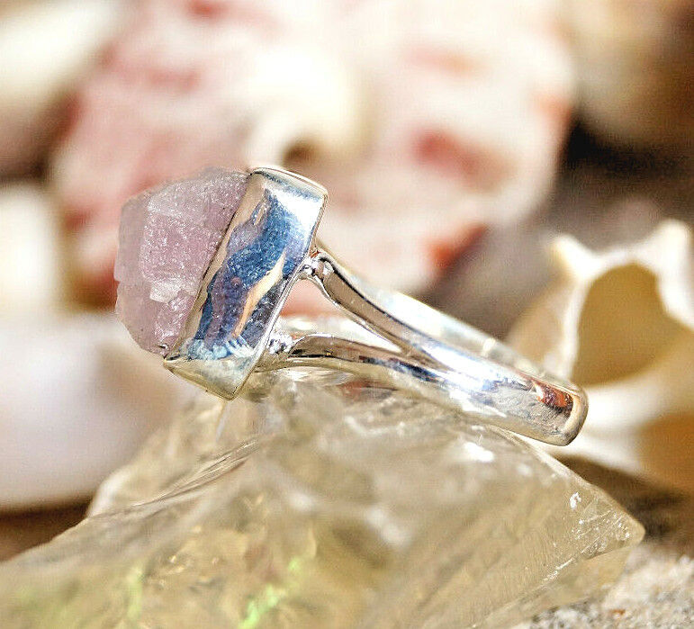 Silberring 57 Kunzit Rosa Ring Silber Rohstein Freiform Schlicht Modern Eckig – Bild 6