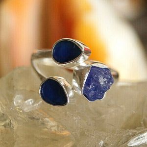 Silberring 57 Saphir Tropfen Tansanit Roh Freiform Ring Silber Rohstein Modern