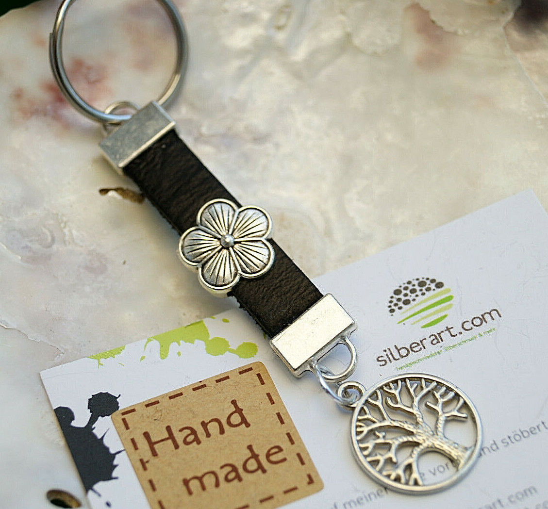 Design Schlüsselanhänger Leder Schwarz Bronze / Silber Metall Lebensbaum Floral – Bild 5