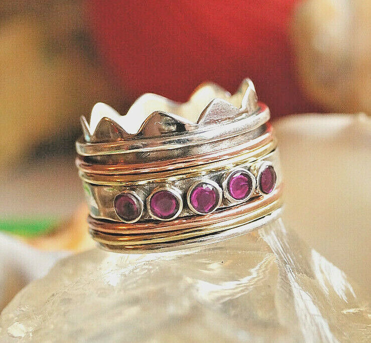 Drehring 925er Silber Ring Breit 54 55 56 Silberring Krone Rubin Rot Kronenring