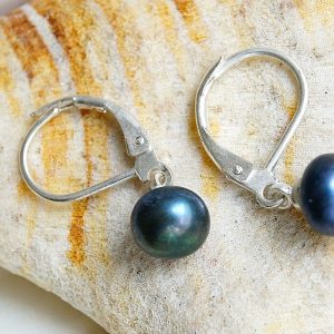 Handarbeit Ohrhänger Brisuren Silber Perle Tahiti Peacock 7 mm Schwarz Petrol