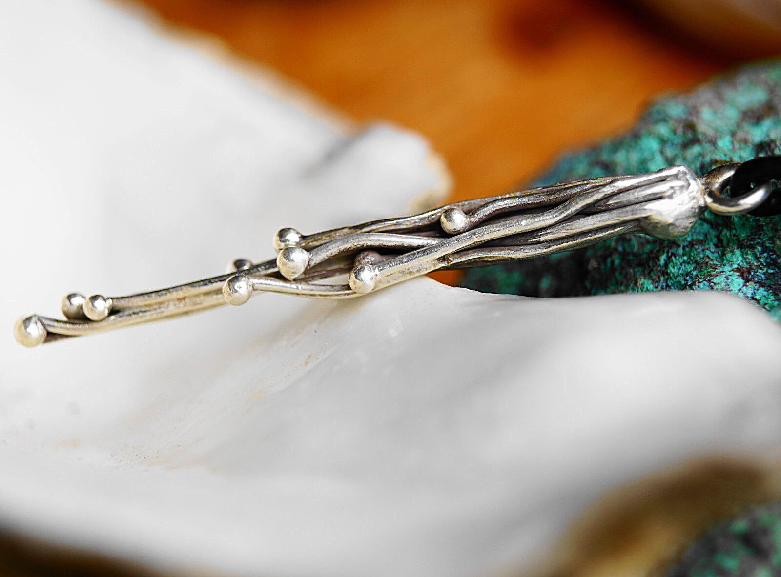 Lang 5,4 cm Silber Kettenanhänger Floral Linien Kugeln Welle Handarbeit Modern – Bild 4
