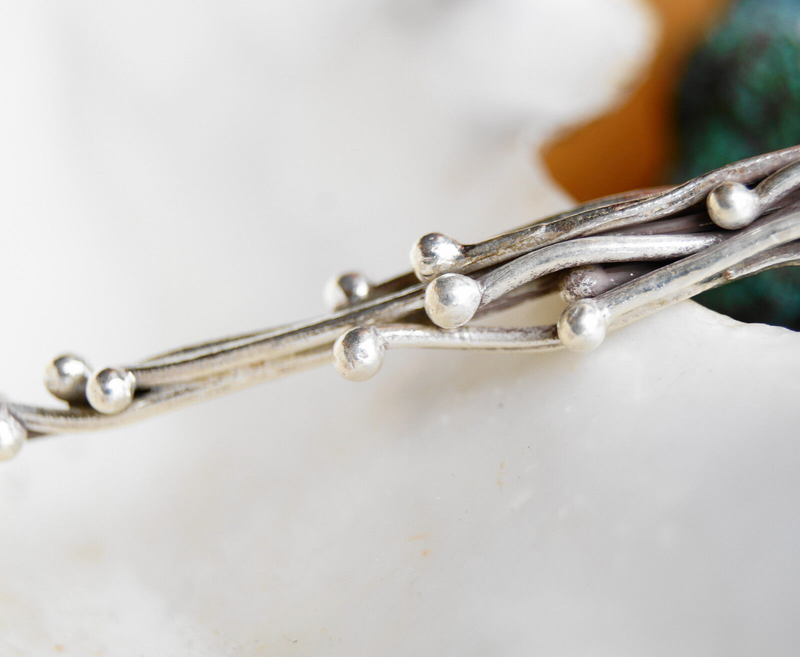 Lang 5,4 cm Silber Kettenanhänger Floral Linien Kugeln Welle Handarbeit Modern – Bild 6