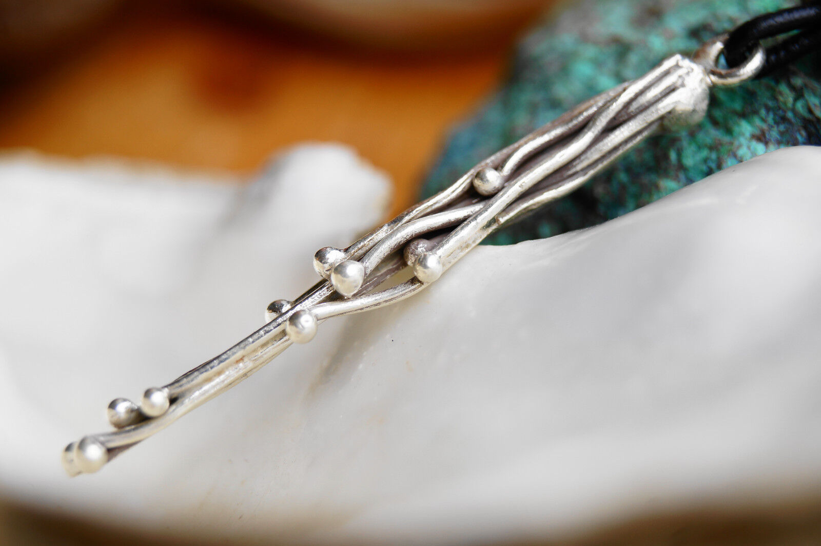 Lang 5,4 cm Silber Kettenanhänger Floral Linien Kugeln Welle Handarbeit Modern – Bild 8