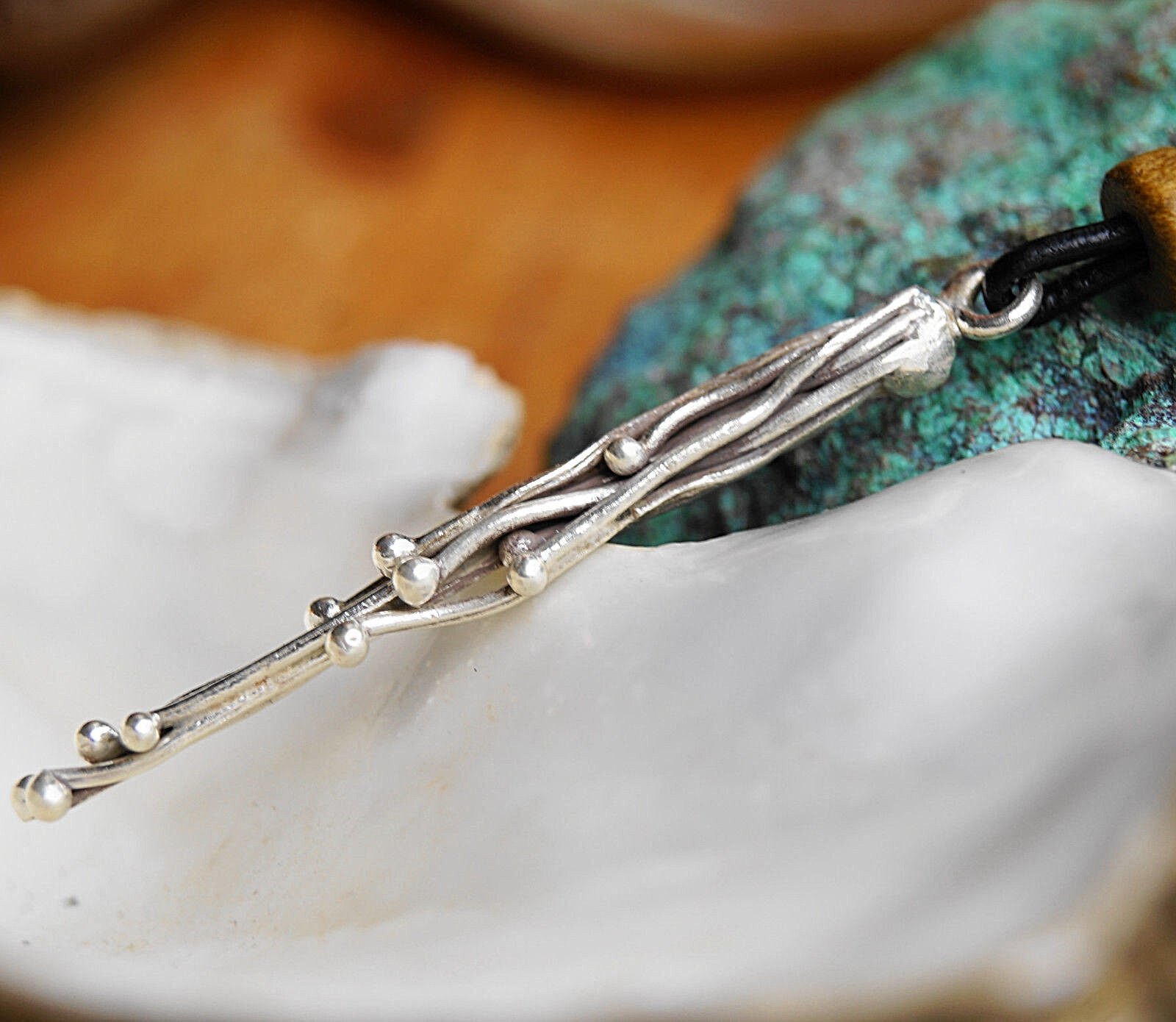Lang 5,4 cm Silber Kettenanhänger Floral Linien Kugeln Welle Handarbeit Modern