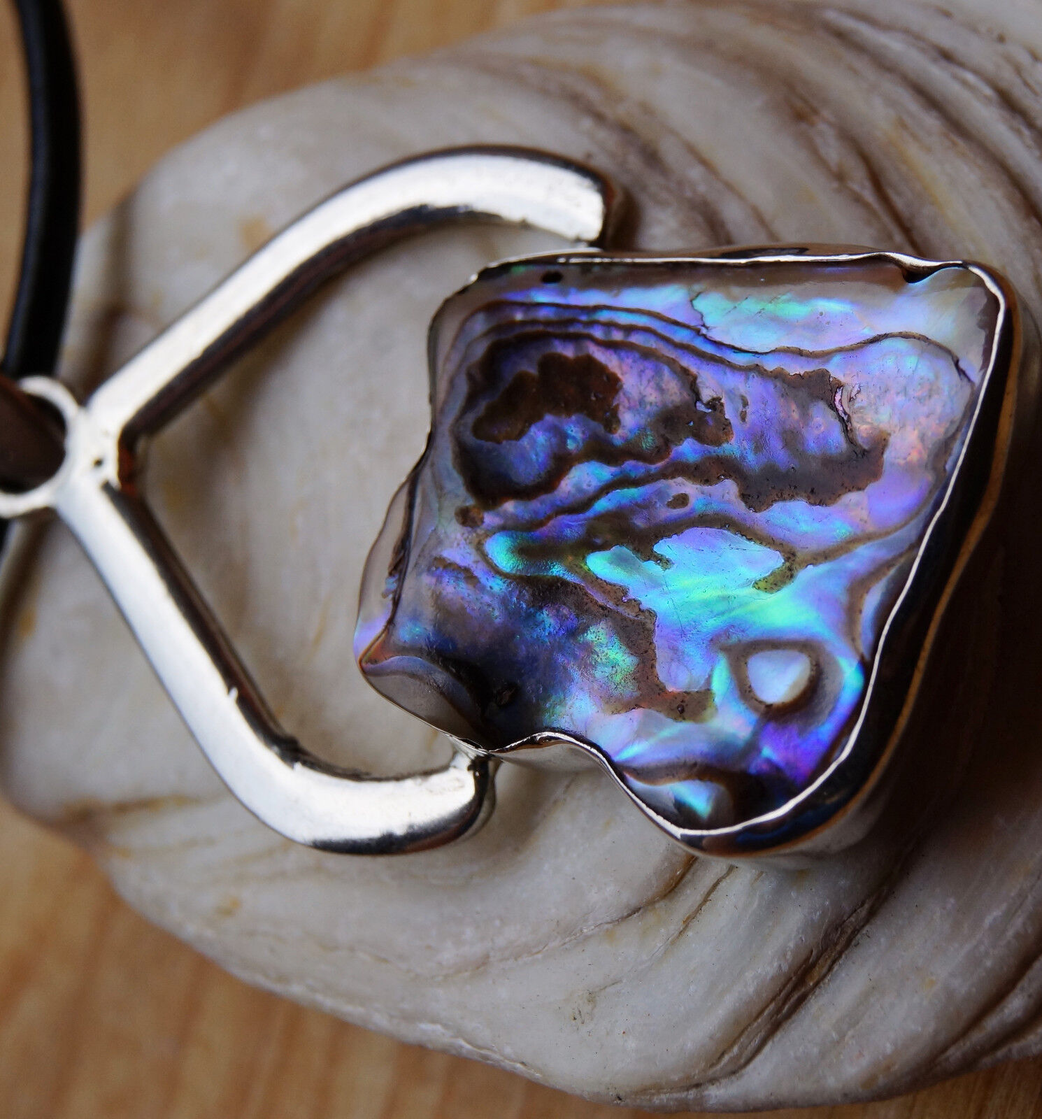 Silber Handarbeit Anhänger 7 cm Abalone Paua Muschel Natur Bunt Schimmer Seeopal – Bild 3