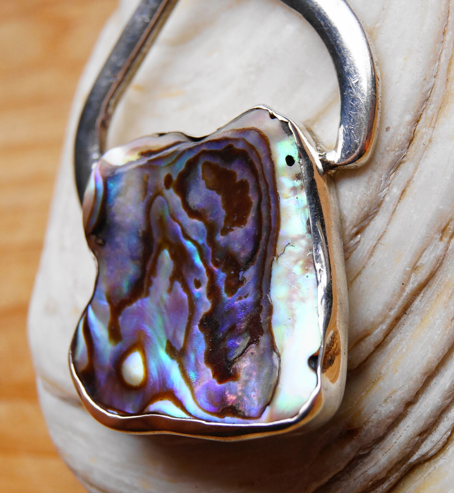 Silber Handarbeit Anhänger 7 cm Abalone Paua Muschel Natur Bunt Schimmer Seeopal – Bild 4
