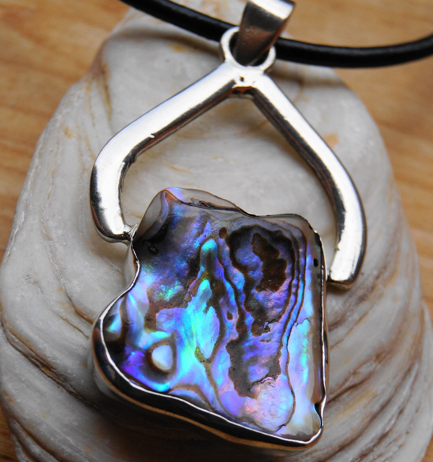 Silber Handarbeit Anhänger 7 cm Abalone Paua Muschel Natur Bunt Schimmer Seeopal
