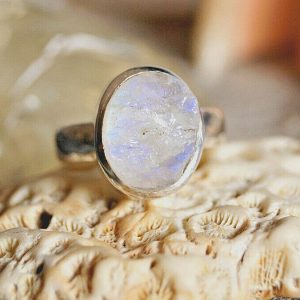 Silberring 54 Mondstein Oval Blau Ring Silber Rohstein Schlicht Elegant Modern