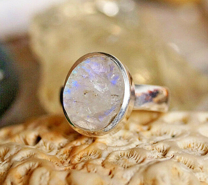 Silberring 54 Mondstein Oval Blau Ring Silber Rohstein Schlicht Elegant Modern – Bild 5