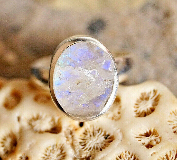 Silberring 54 Mondstein Oval Blau Ring Silber Rohstein Schlicht Elegant Modern – Bild 6