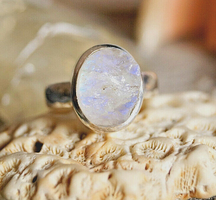 Silberring 54 Mondstein Oval Blau Ring Silber Rohstein Schlicht Elegant Modern