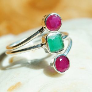 Silberring Rubin Smaragd 59 Handarbeit Breit Pink Silber Ring Schlicht Grün Mode