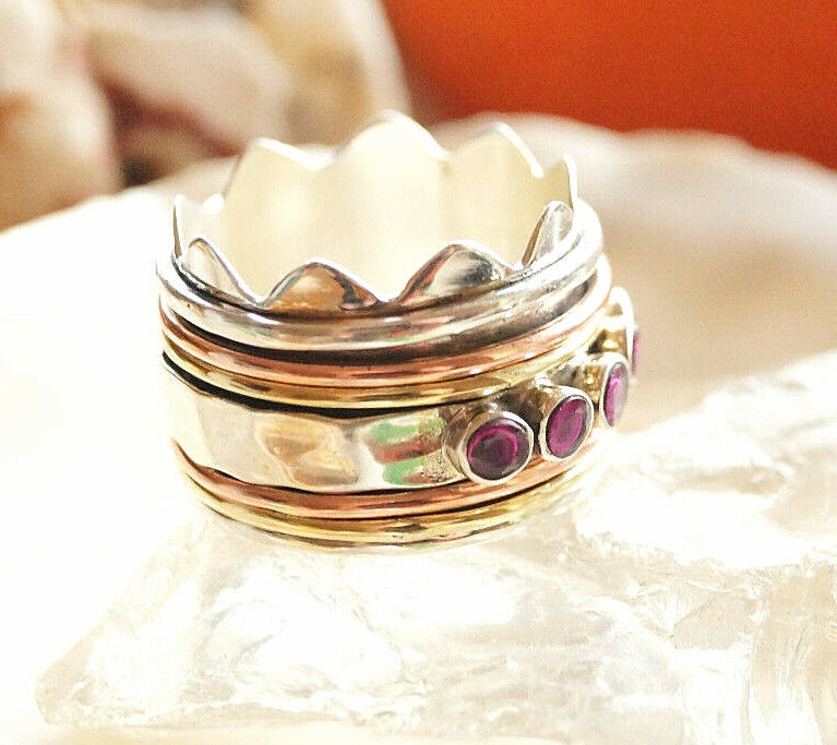 Drehring 925er Silber Ring Breit 60 62 64 Silberring Krone Rubin Rot Kronenring – Bild 10