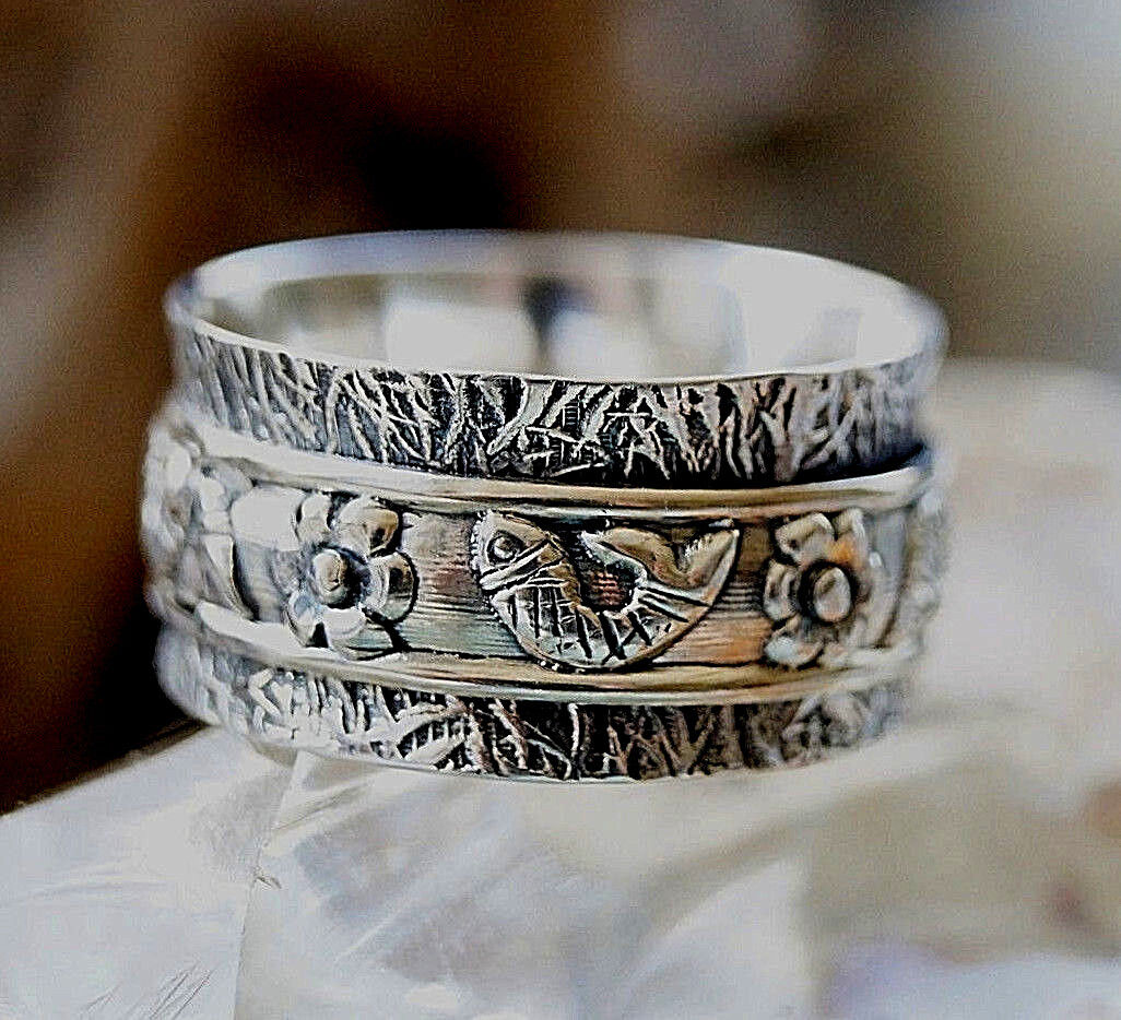 Drehring Silber Breit Spinring 54 58 Silberring Verspielt Floral Fische Vintage – Bild 3