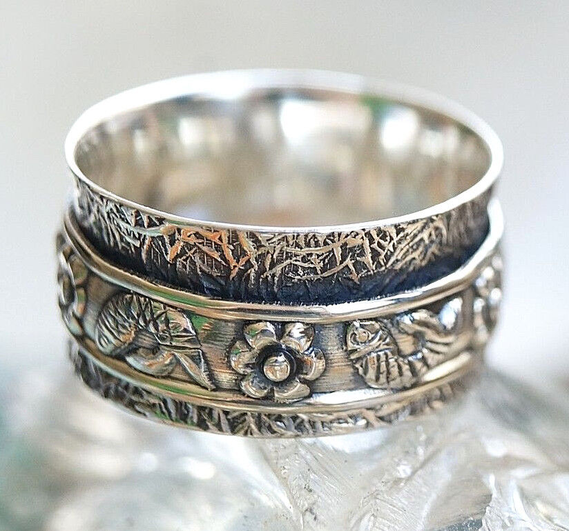 Drehring Silber Breit Spinring 54 58 Silberring Verspielt Floral Fische Vintage – Bild 4