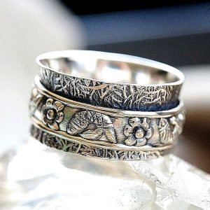 Drehring Silber Breit Spinring 54 58 Silberring Verspielt Floral Fische Vintage