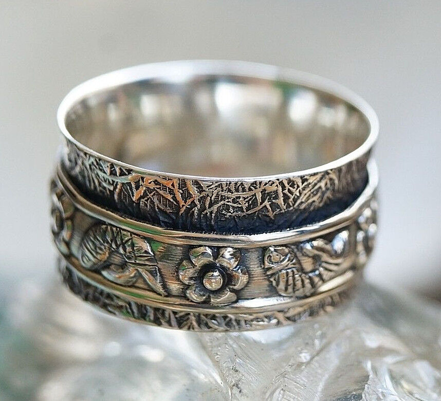Drehring Silber Breit Spinring 54 58 Silberring Verspielt Floral Fische Vintage – Bild 6