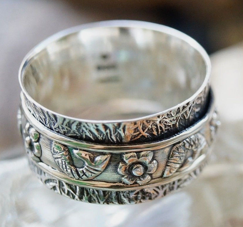 Drehring Silber Breit Spinring 54 58 Silberring Verspielt Floral Fische Vintage – Bild 7