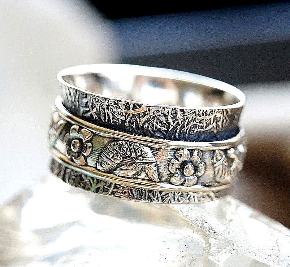 Drehring Silber Breit Spinring 54 58 Silberring Verspielt Floral Fische Vintage