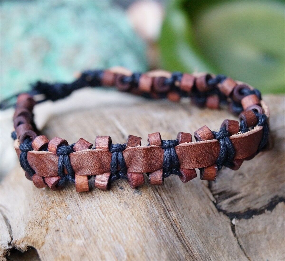 Echtes Öko Lederarmband 1,5 cm breit Natur Braun Schwarz Holzkugel Leder Armband – Bild 11