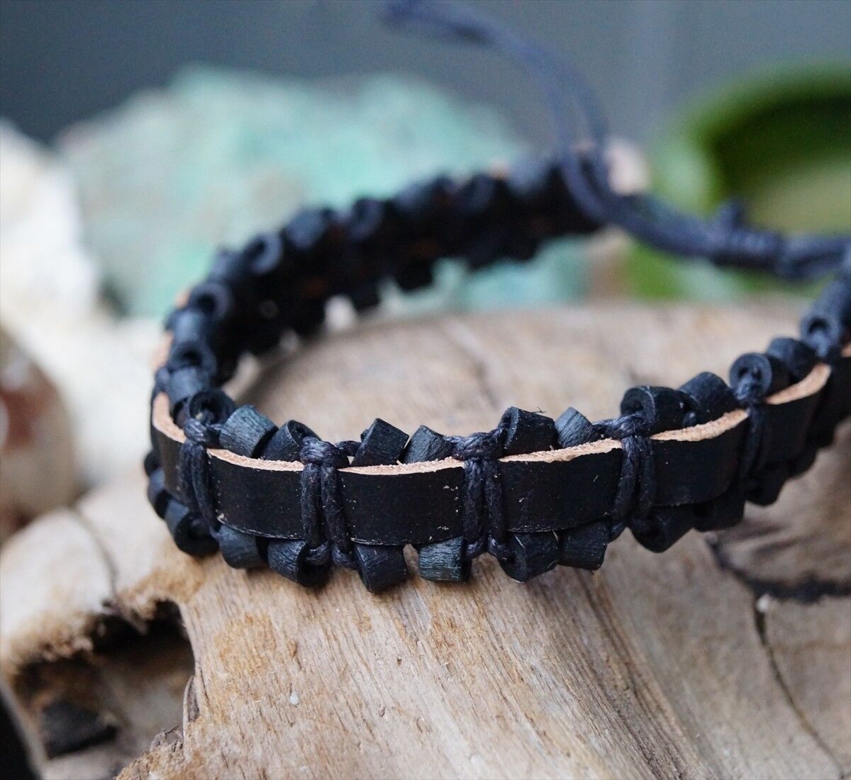 Echtes Öko Lederarmband 1,5 cm breit Natur Braun Schwarz Holzkugel Leder Armband – Bild 7