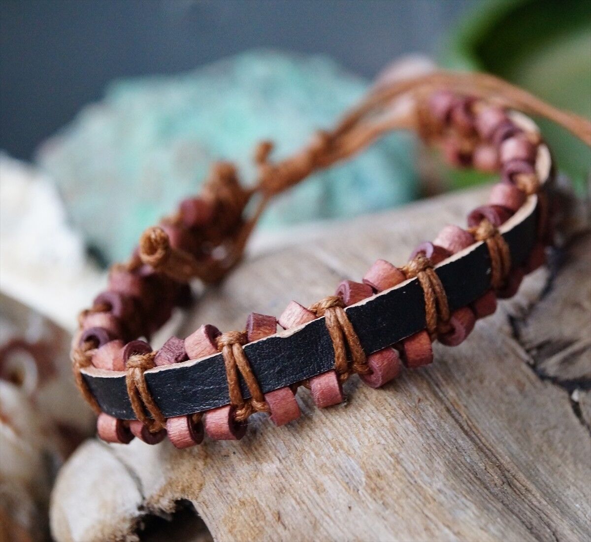 Echtes Öko Lederarmband 1,5 cm breit Natur Braun Schwarz Holzkugel Leder Armband – Bild 8