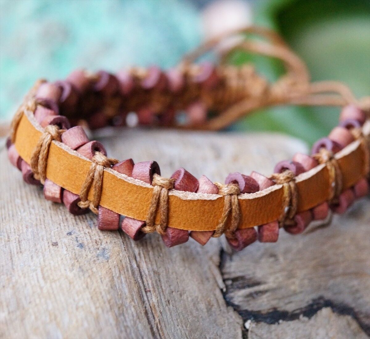 Echtes Öko Lederarmband 1,5 cm breit Natur Braun Schwarz Holzkugel Leder Armband – Bild 10