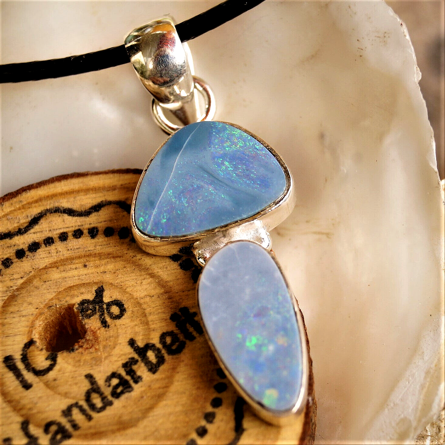 Ketten-Anhänger 925er Silber 2 x Boulder-Opal Blau Feueropal Anhänger Schlicht – Bild 3