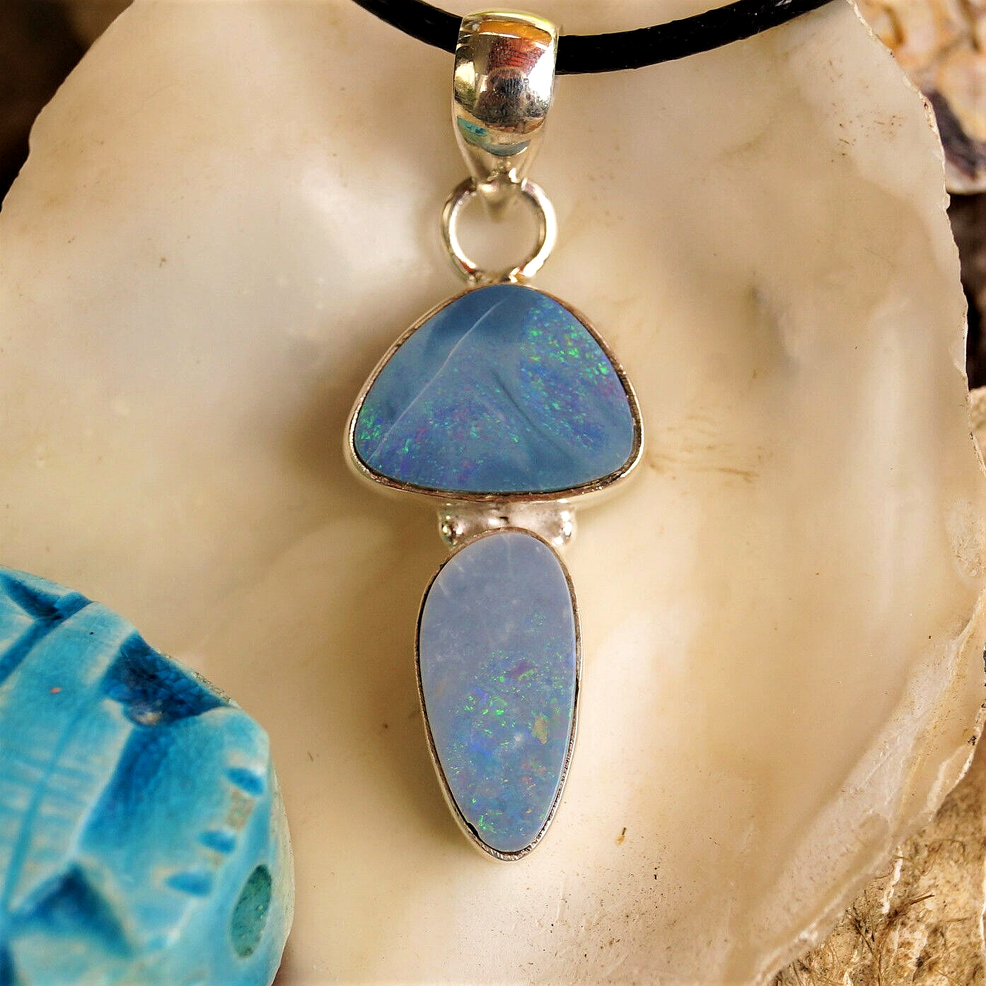 Ketten-Anhänger 925er Silber 2 x Boulder-Opal Blau Feueropal Anhänger Schlicht – Bild 4